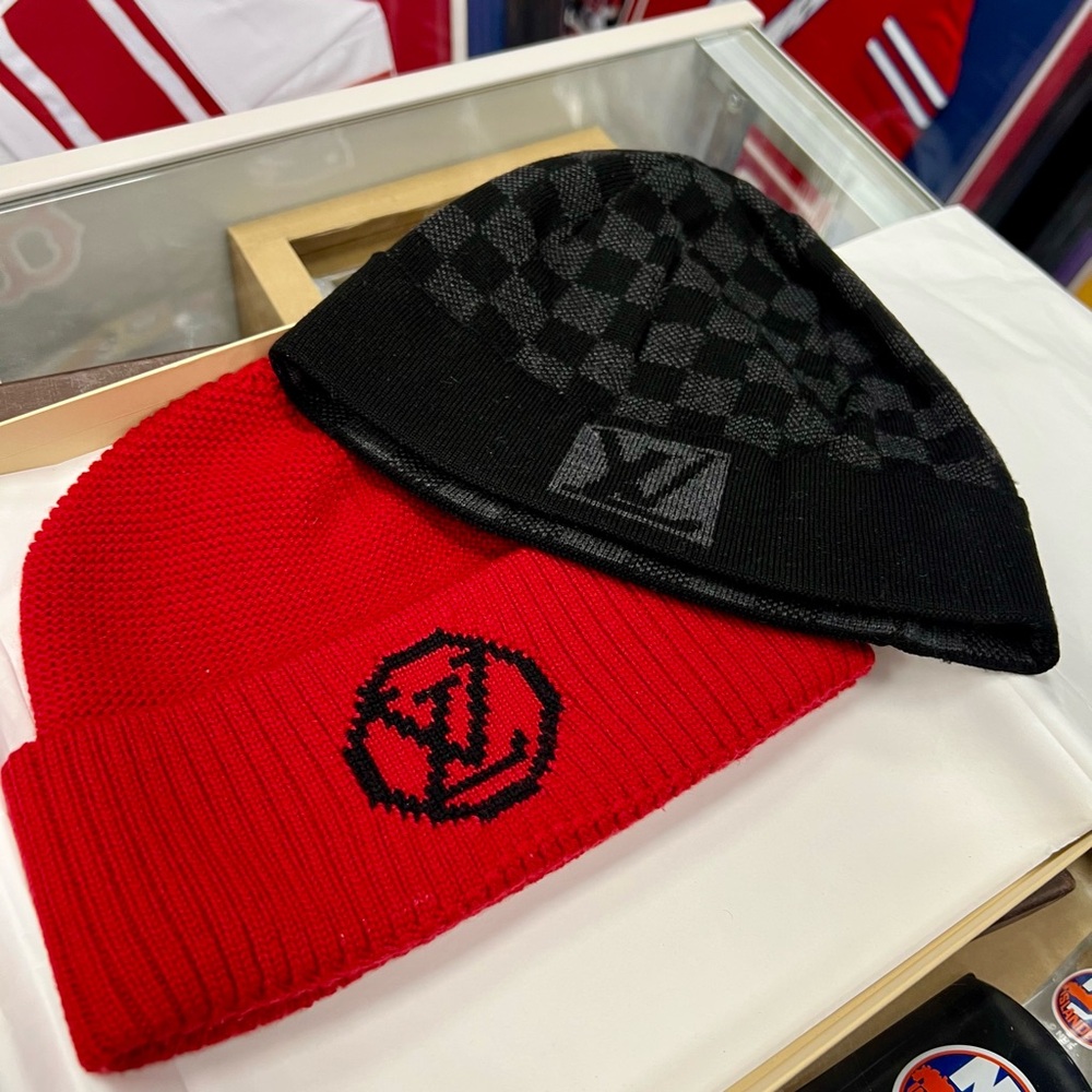 Louis Vuitton Red and Black Checkered Beanie Set